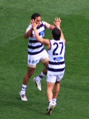 TRAVIS VARCOE CELEBRATES HIS SECOND GOAL WITH MATTHEW STOKES